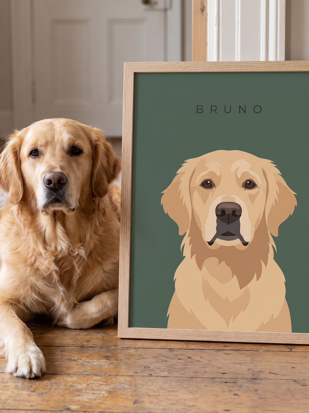 Un golden retriever tumbado junto a su retrato apoyado en el suelo