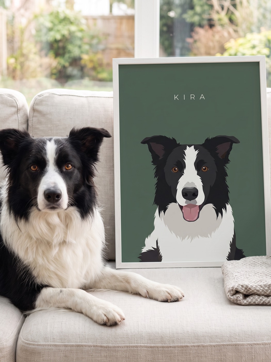 Un border collie en el sofá con su retrato apoyado al lado