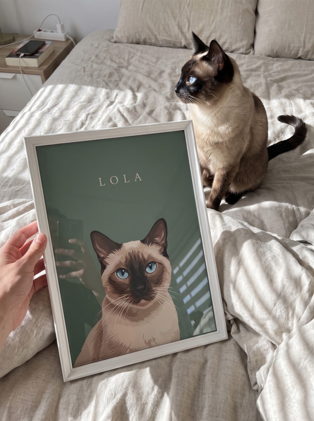 Una gata sobre la cama junto a su retrato sobre fondo salvia