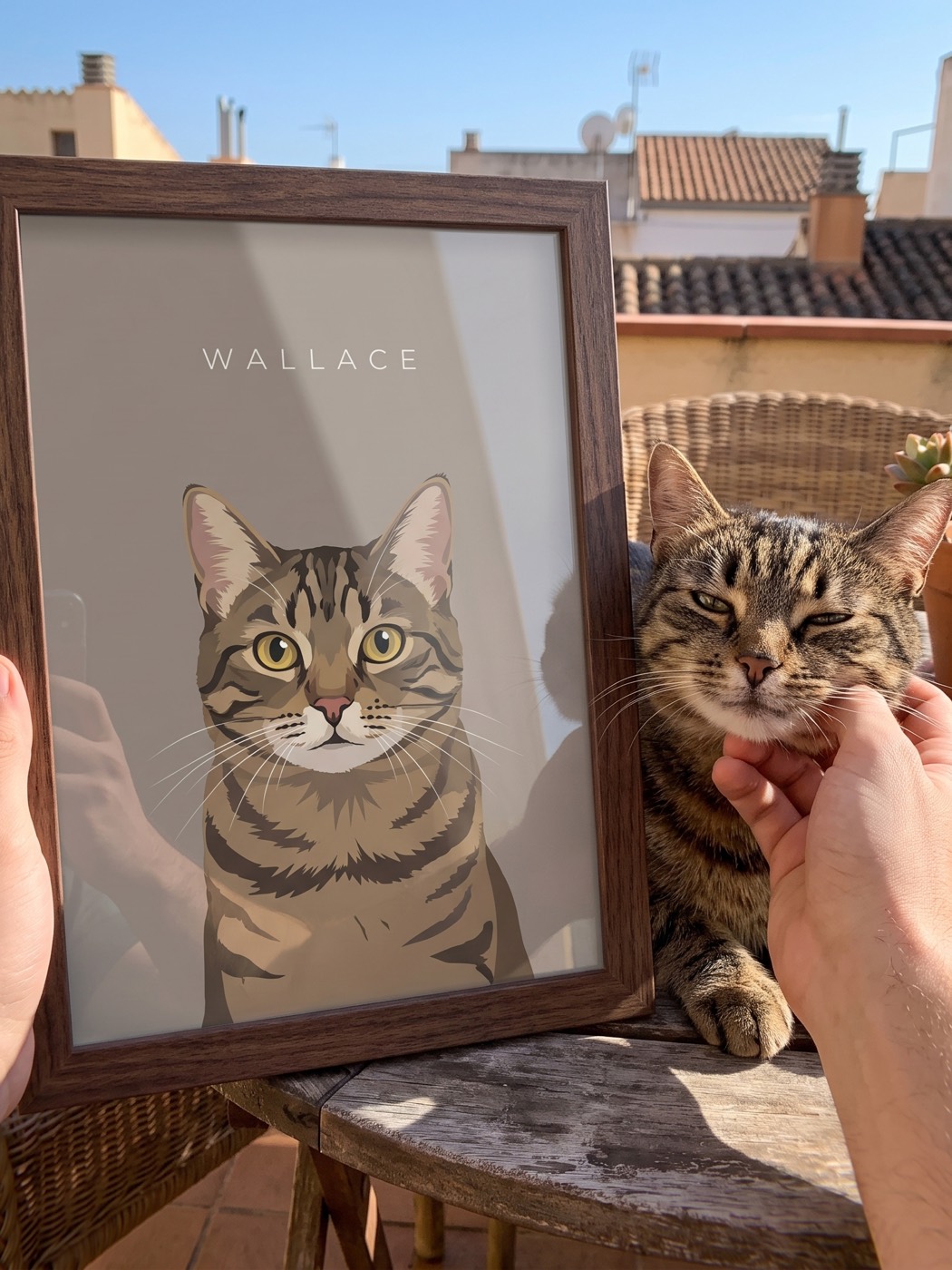 Un gato atigrado al sol en el balcón, al lado de su retrato enmarcado